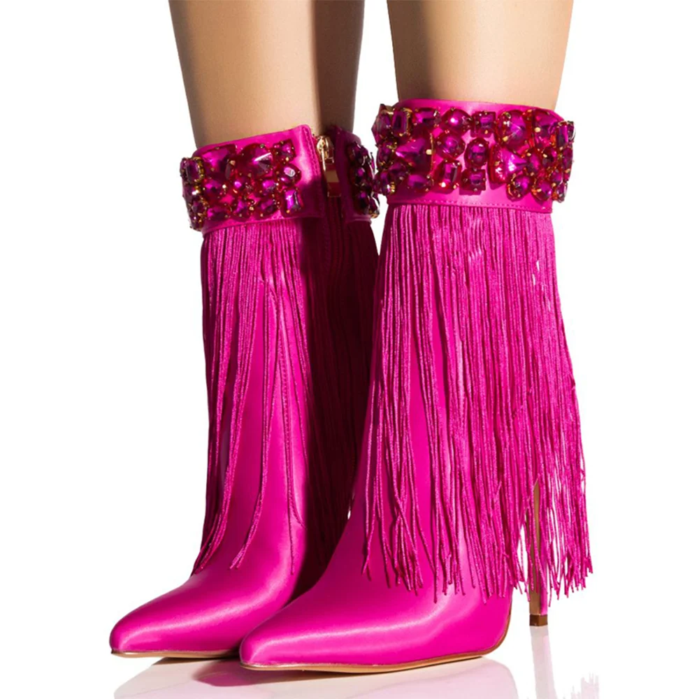 Pink Leather Boots Tassel Pointed Toe Booties Nicepairs