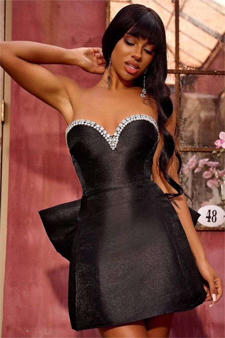 Stunning Black Satin Sweetheart Strapless Beadings Short Homecoming Dress with Bow