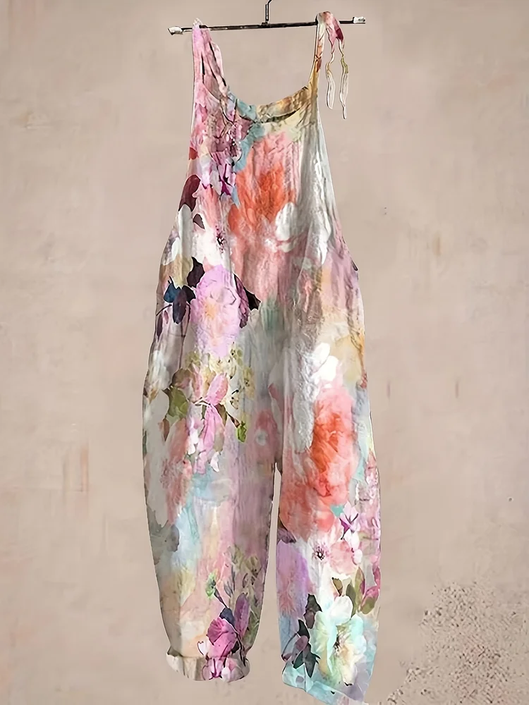 Stretchy Plus Size Women's Floral Print Jumpsuit | High-Waisted H-Line Beachwear With Vibrant Digital Print, Machine Washable For Spring Summer Fall Casual Outfit