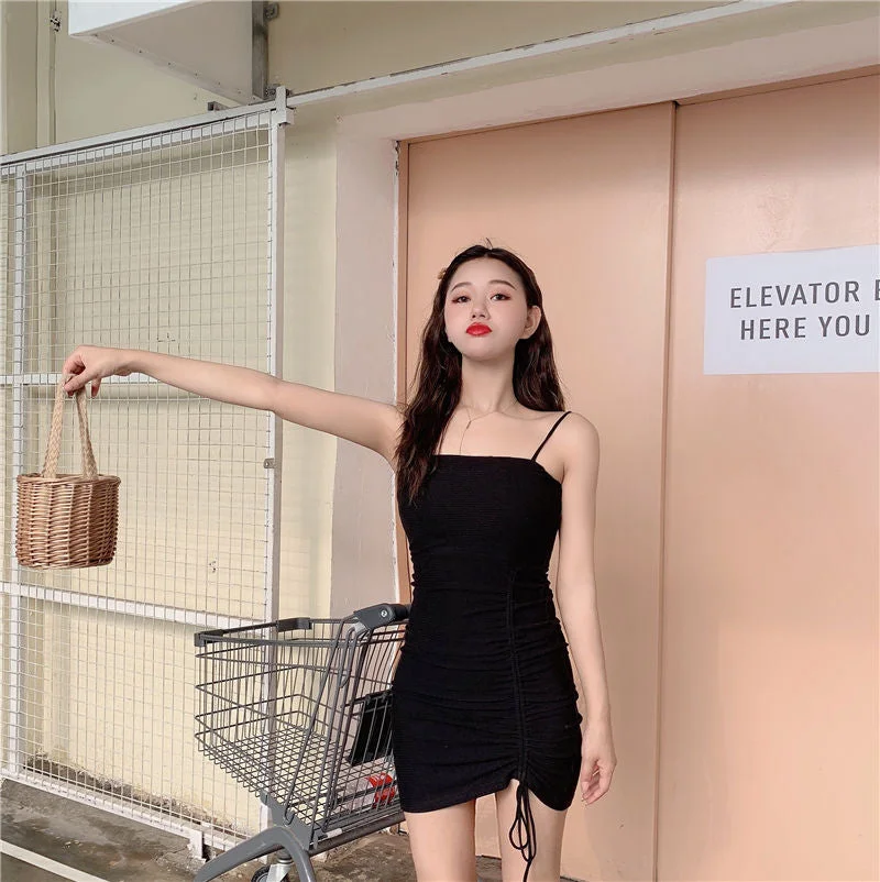 Spaghetti Strap Drawstring Bodycon Knit Mini Dress YP619