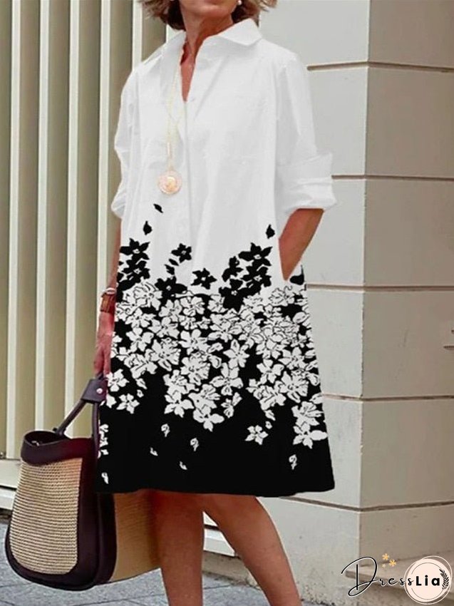 Shirt Dress Casual Dress Midi Dress Outdoor Daily Vacation Polyester Fashion Casual Shirt Collar Button Pocket Long Sleeve Summer Spring Fall Loose Fit Black White Gray Polka Dot Flower for Women