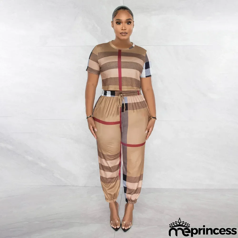 Plaid Print Short Sleeve Casual Two Piece Set
