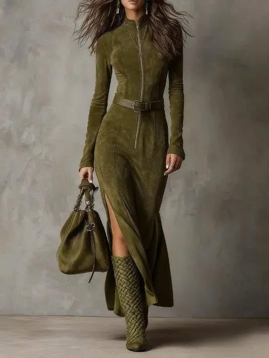 Vintage Green Zipper Belted Maxi Dress