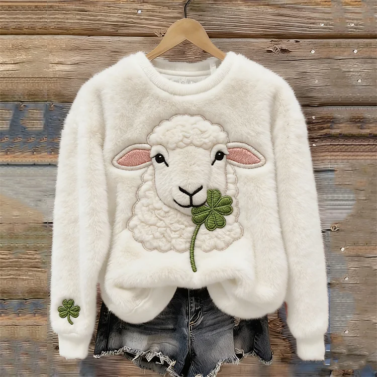 Fuzzy Sheep With Shamrock Cozy Plush Sweatshirt