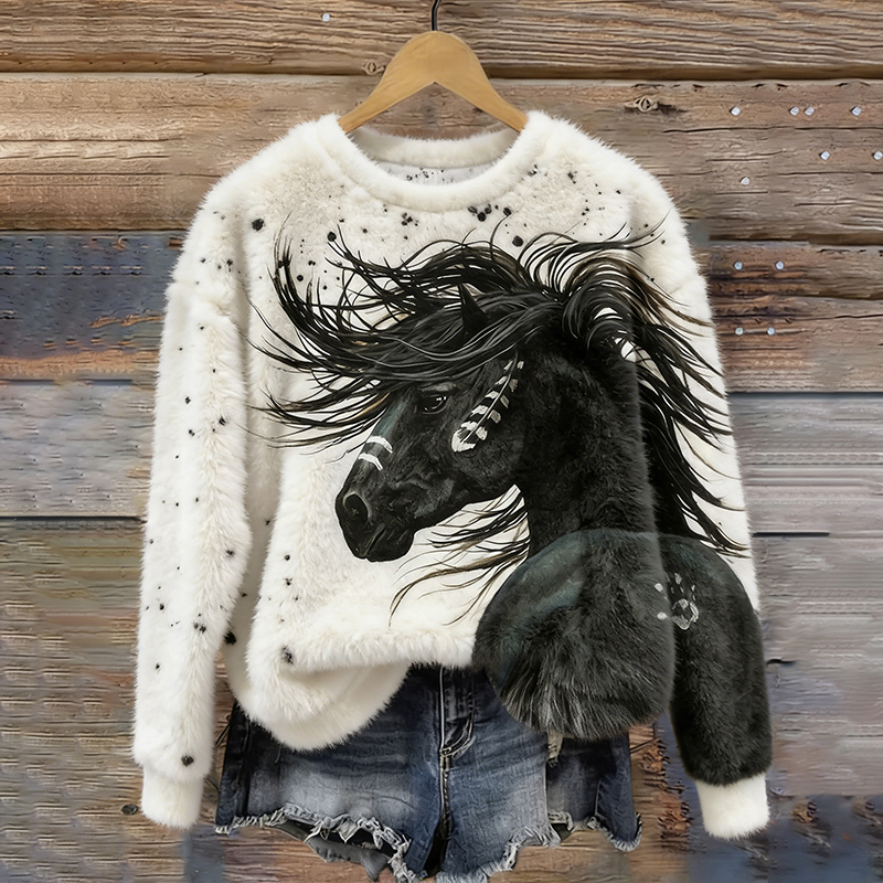 Women's Retro Western Horse Pattern Flannel Sweatshirt wearshes