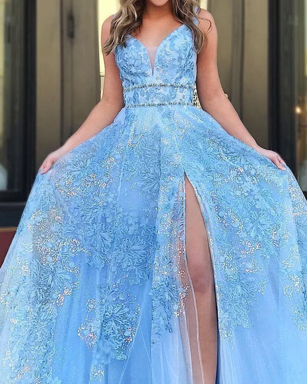 Baby Blue Lace Floral Sling Dress Prom A-line Dress with Slit