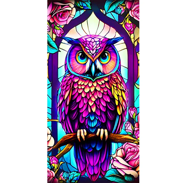 5D DIY Full Round Drill Diamond Painting Stained Glass Owl Kit Home Decor