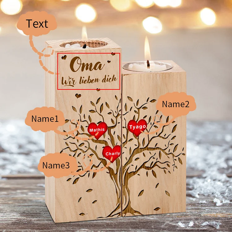 Kettenmachen Personalisierte 3 Namen & 1 Text Herz Familienbaum Muttertag Kerzenhalter-Familie Thema