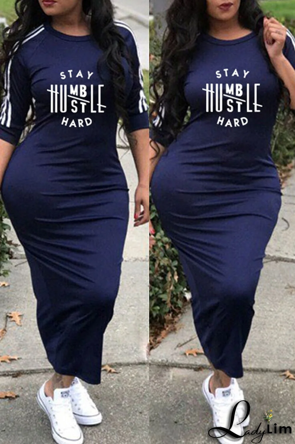 Deep Blue Fashion Casual Letter Print Split Joint O Neck Dresses