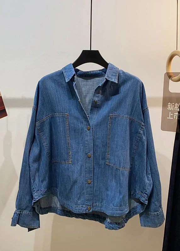 Classy Navy Oversized Pockets Denim Coats Summer