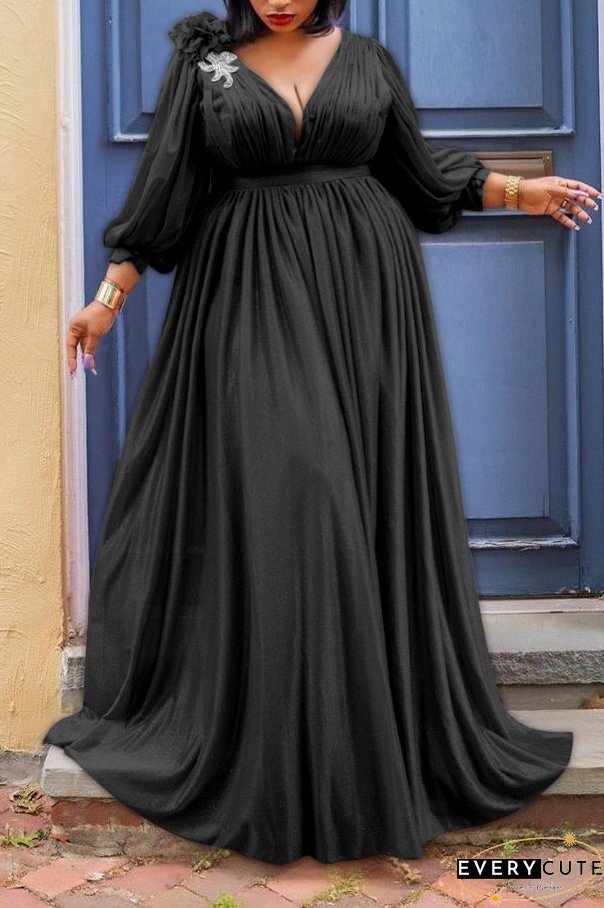Plus Size Plain Dresses Long Sleeve Lantern Sleeve Maxi Dress