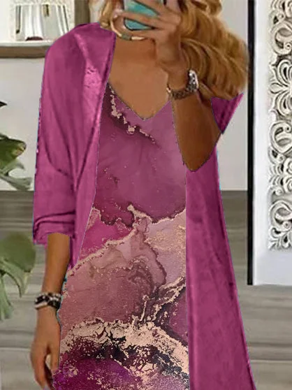 Women Half Sleeve V-neck Solid Color Dress