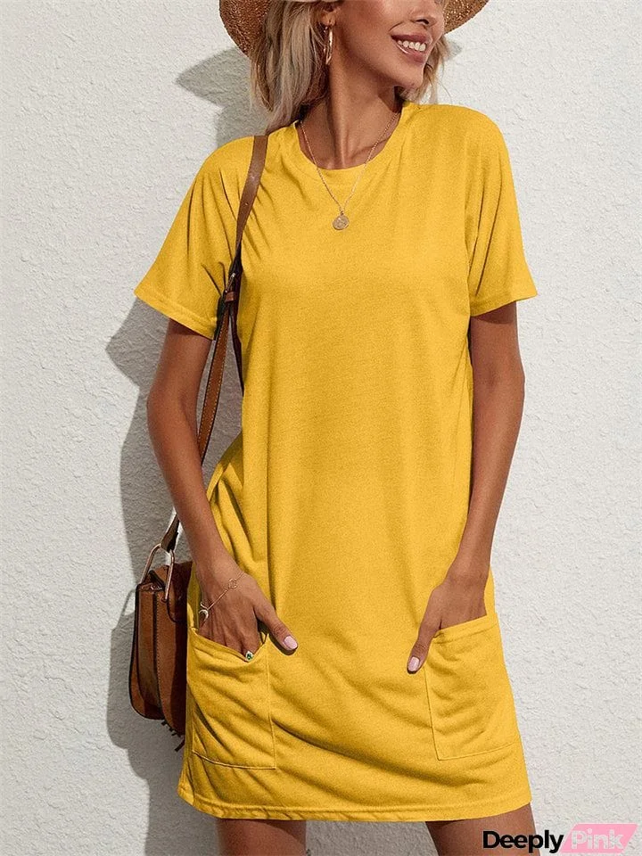 Female Temperament Slimming Solid Round Neck Dresses