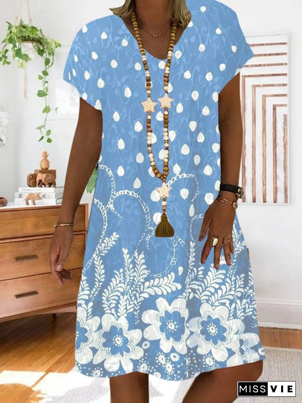 Women's Casual Short Sleeve Print V-neck Dress Loose Wave Point Dress Summer Dress Plus Size XS-5XL