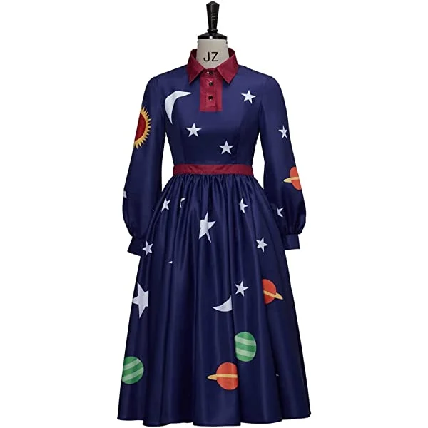 Magic School Bus Cosplay Ms. Frizzle Costume Planets Print School Day Dress for Womens Girls Medium Navy Blue