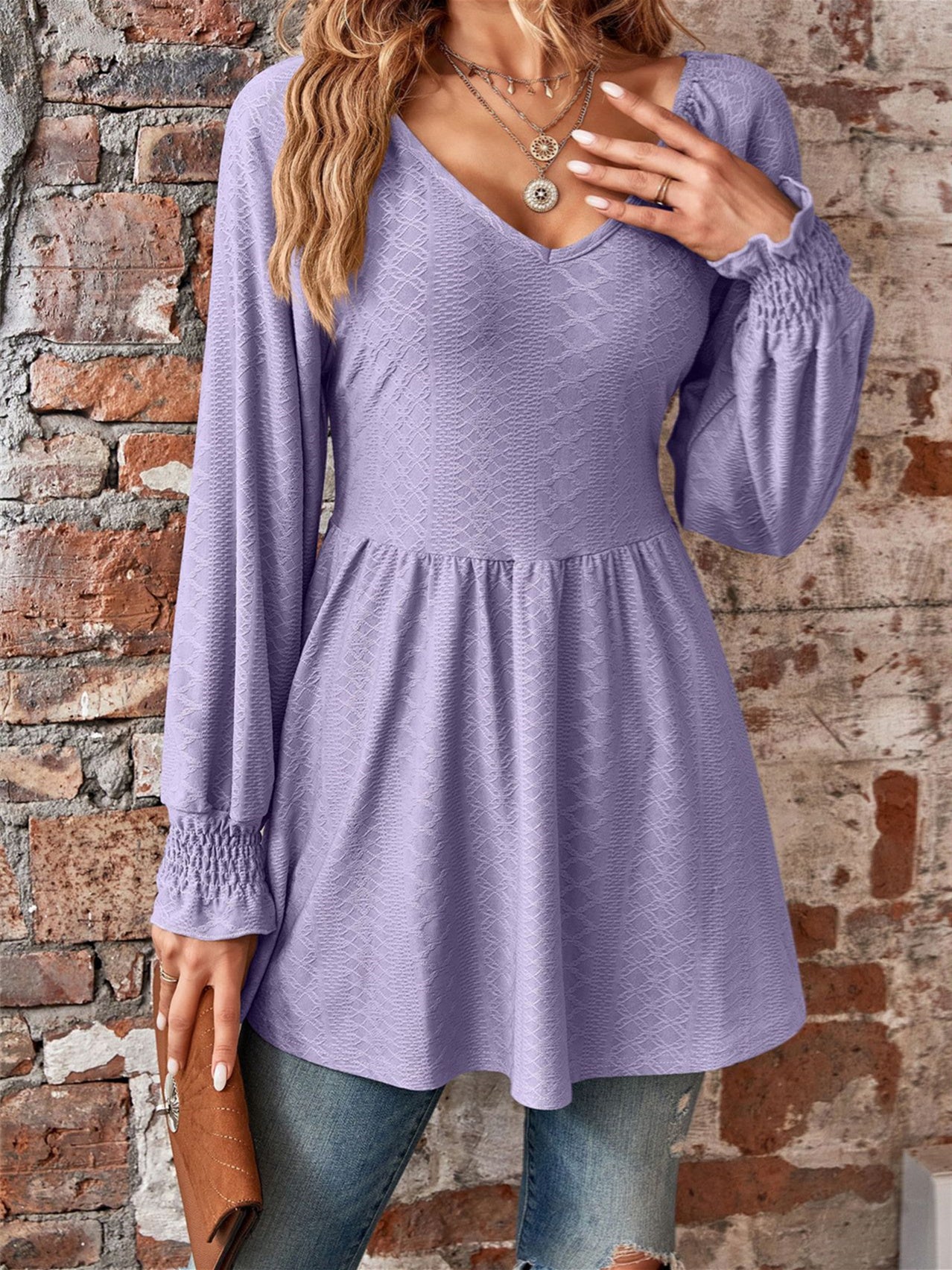 Women's Stitching Solid Color V-Neck Long Sleeve Top