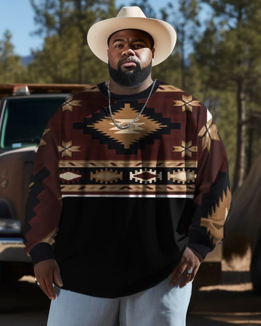 Men's Plus Size Western Ethnic Style Black Diamond Pattern Long Sleeve Sweatshirt