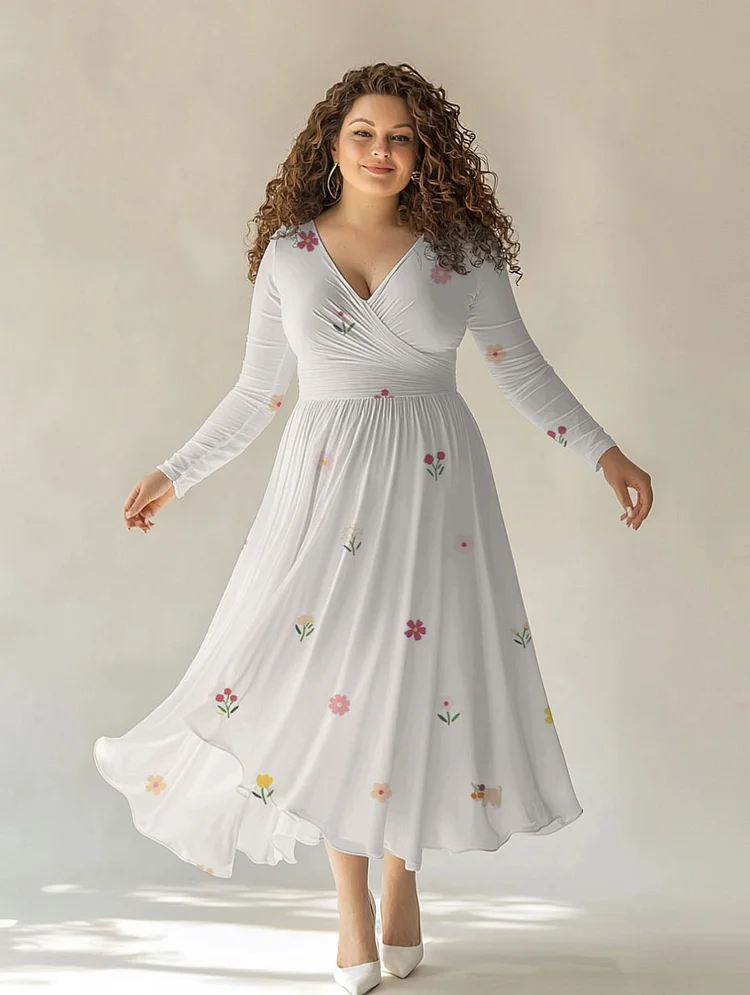 Plus Size Cute Floral Print Wrap Midi Dress
