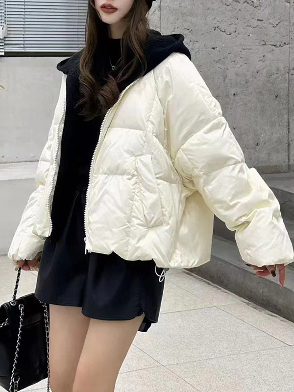 Long Sleeves Loose Detachable Quilted Zipper Hooded Down Coat