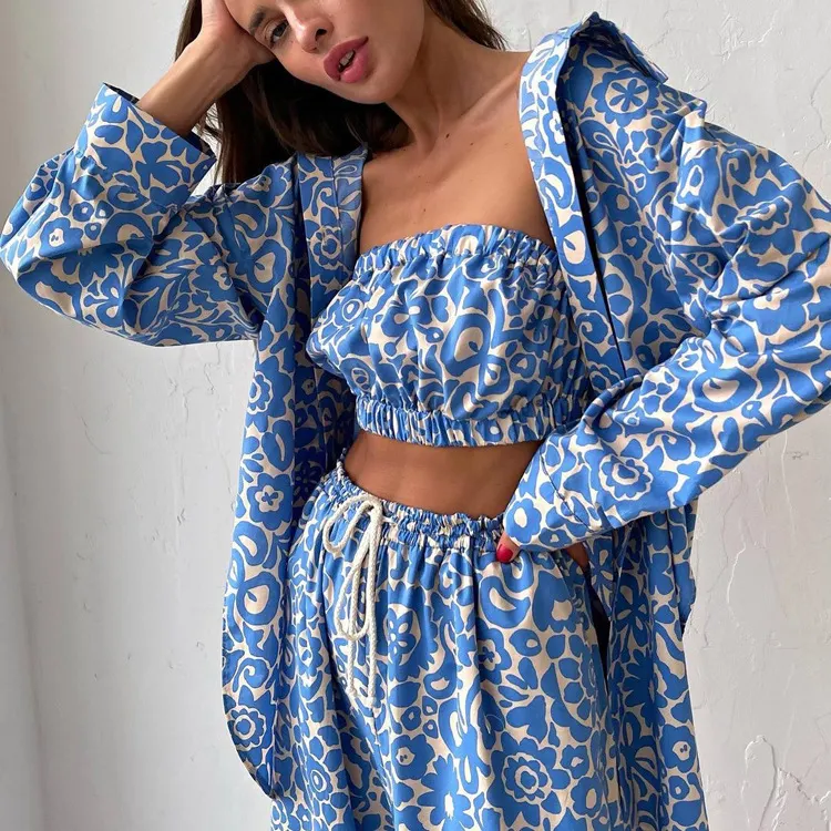 Churchf Churchf New Long Sleeve Shirt With High Waist Trousers Suit Print Fashion Women's Wear