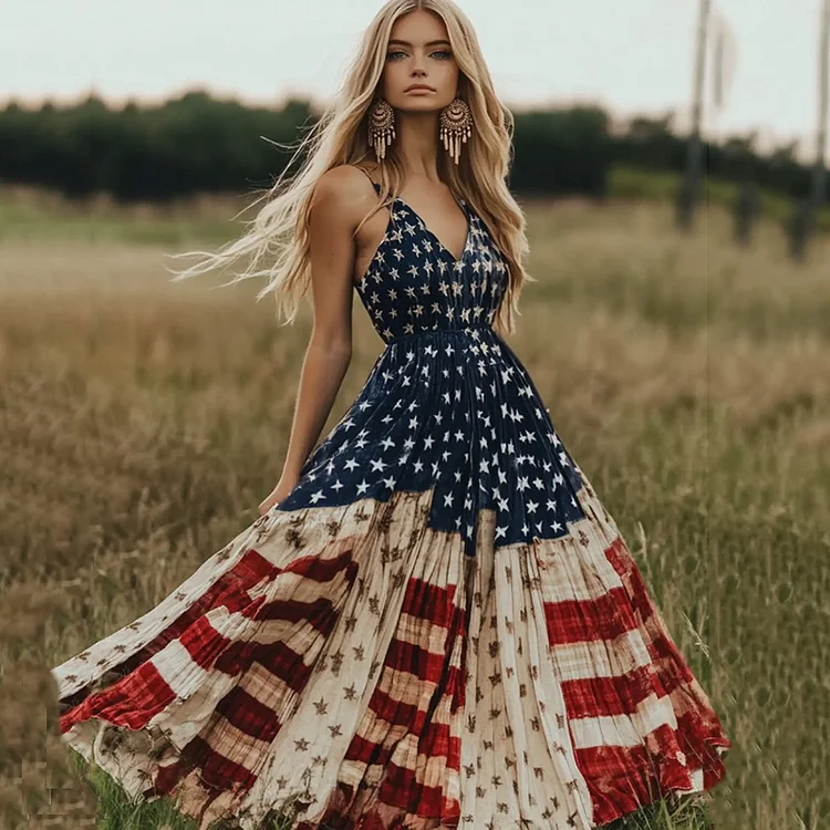 Women's Vintage Independence Day Flag Sleeveless Casual Maxi Dress