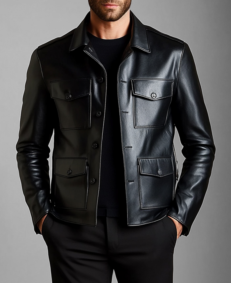 Okaywear PU Leather Multiple Pockets Single Breasted Jacket