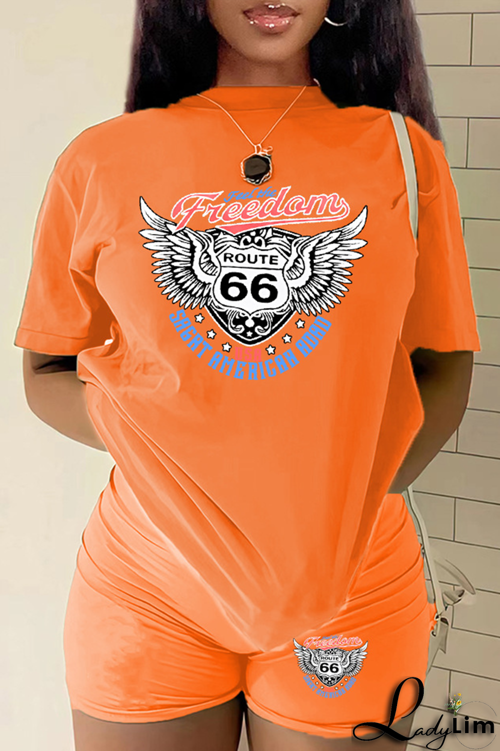 Orange Casual Print Patchwork O Neck Plus Size Two Pieces