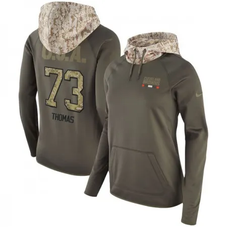 Women's Cleveland Browns #73 Joe Thomas Olive Salute to Service Sideline Therma Pullover Hoodie JIQT