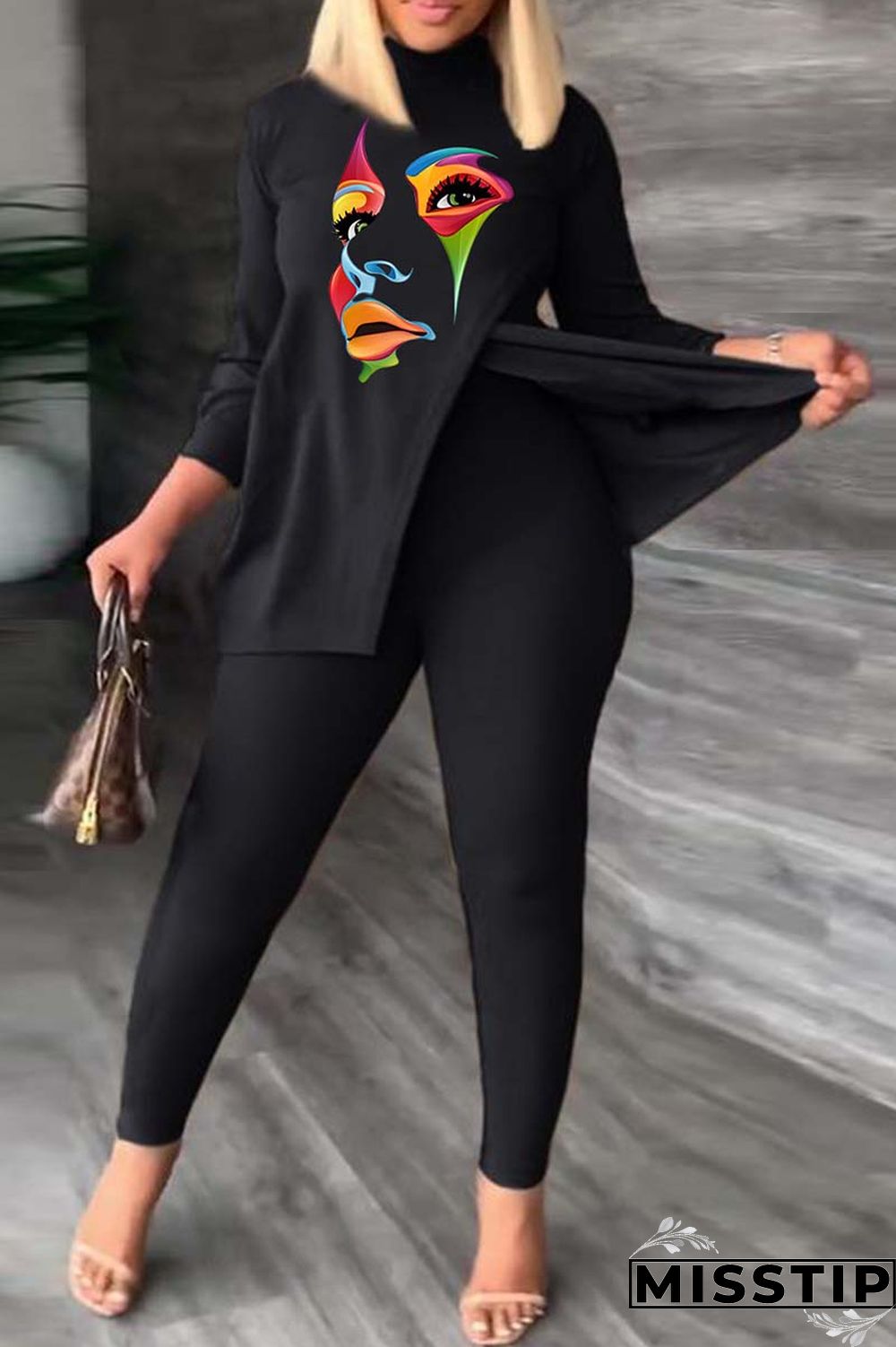Black Green Casual Print Slit Turtleneck Plus Size Two Pieces