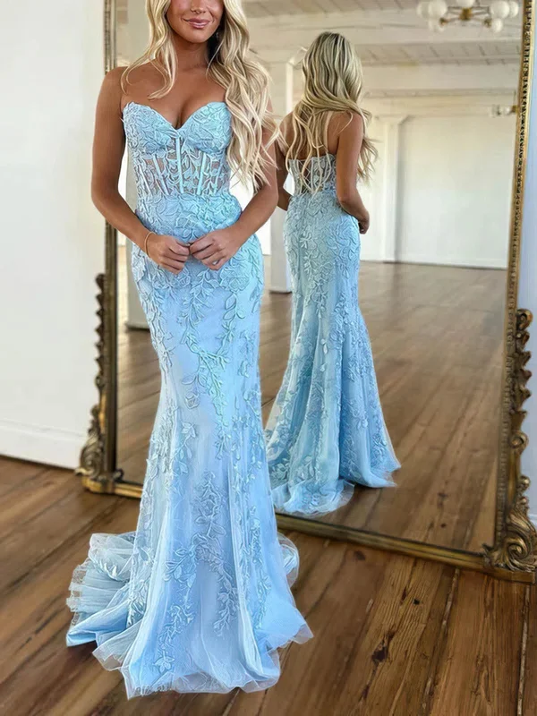Baby Blue Mermaid Tulle Prom Dresses V Neck Backless With Lace Printing YH0082