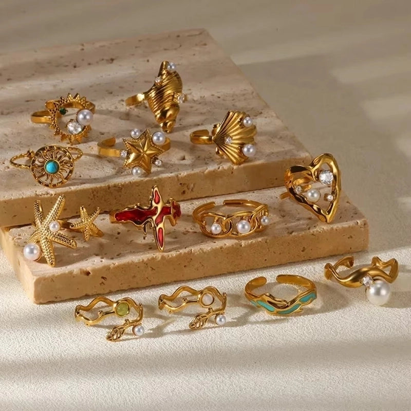 Casual Elegant Minimalist Geometric Heart Shape 304 Stainless Steel Artificial Pearls Plating Open Rings