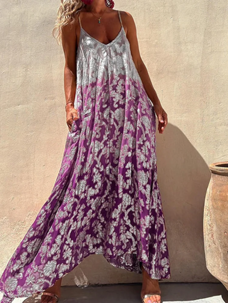 Vacation Gradient Floral Print V Neck Cami Maxi Dress