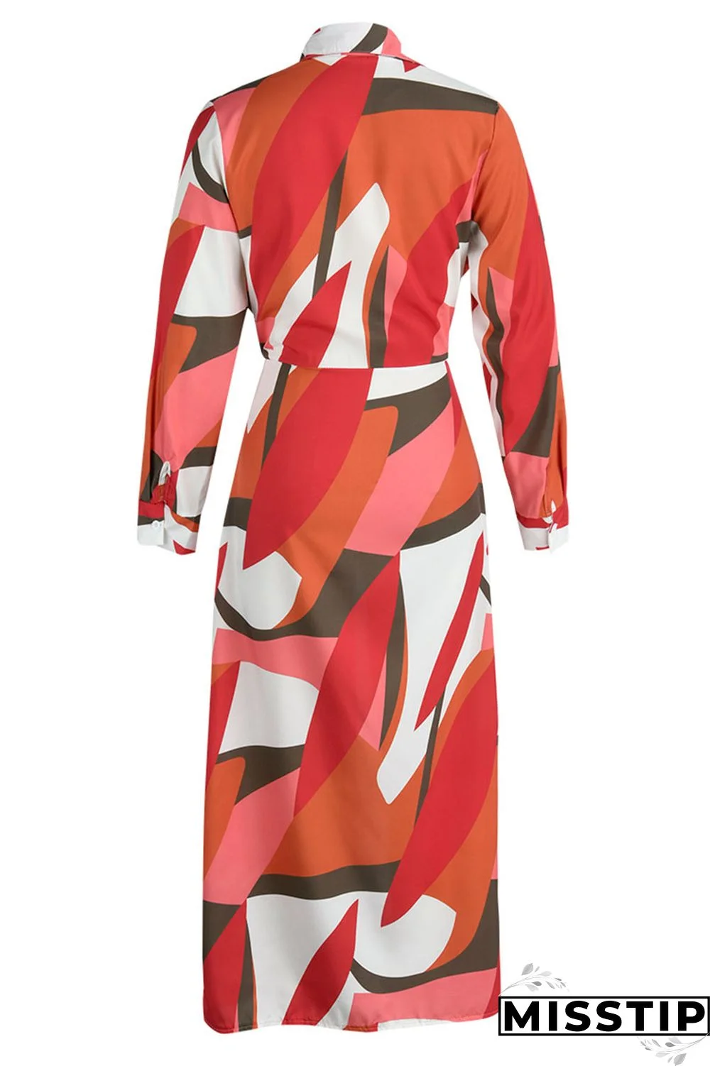 Tangerine Red Casual Print Bandage Patchwork Turndown Collar Long Sleeve Dresses