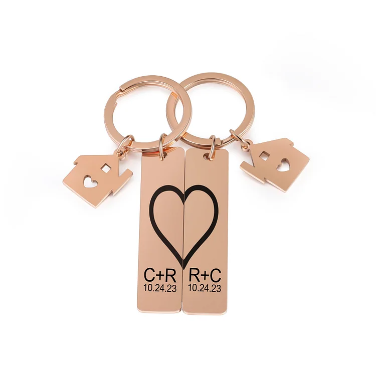 Personalized Heart Couple Keychain Set Engraved Date Initial Matching Couple Gift