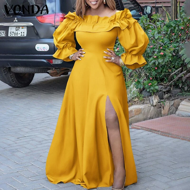 2022 VONDA Summer Party Dresses Women High Slit Ruffled Dress Holiday Vestido Hot Lady Long Sleeve Off Shoulder Elegant Sundress