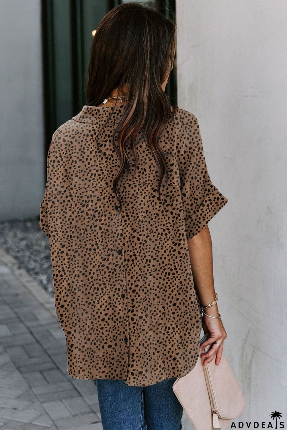 Dotted Print V Neck Drape Front Blouse