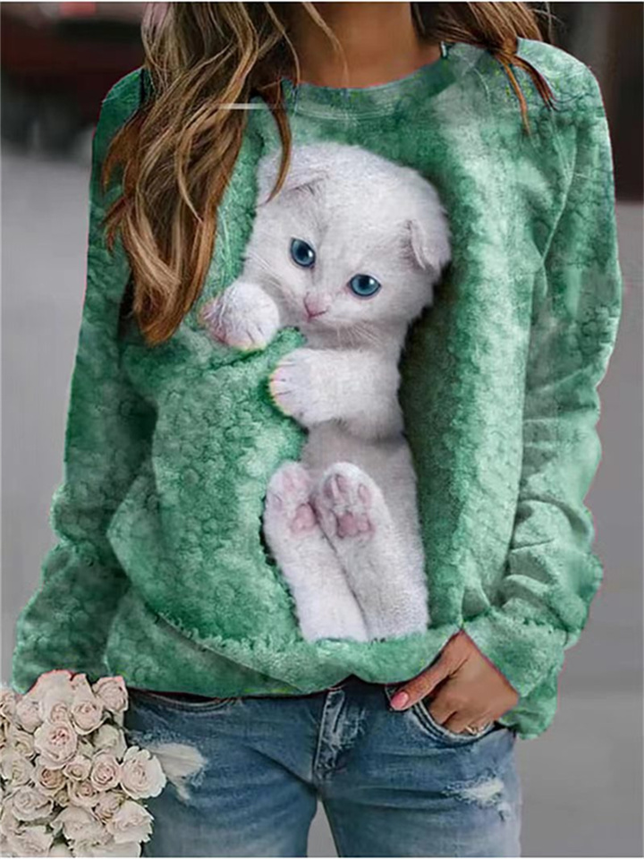 Spring and Summer Animals Loose Print Long Sleeve Round Neck Sweater White Blue Green Pink