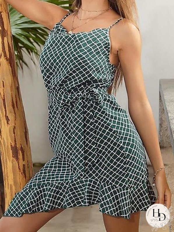 Asymmetry Sling Ruffle Plaid Dress