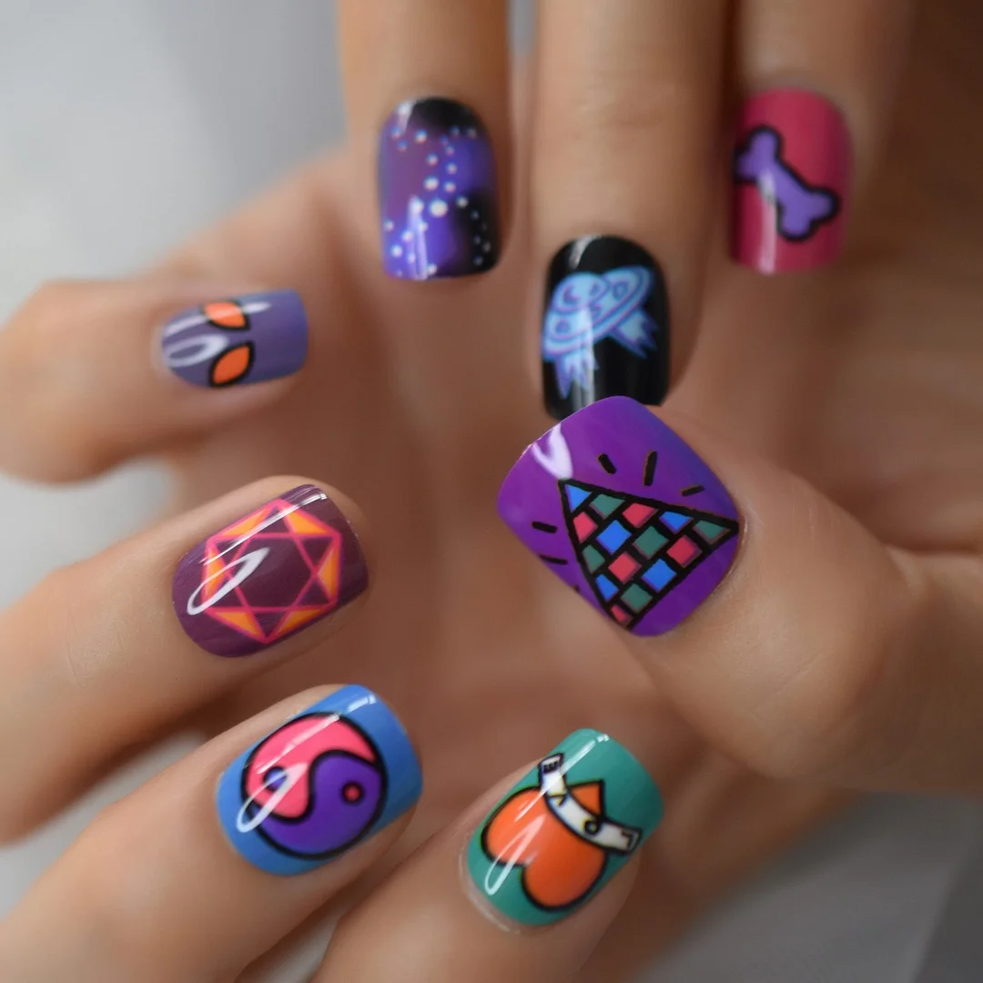 Colorful Anime Fingernails Press On Nails 2021 Magic Cartoon Pattern Square Short Full Cover Nails Gels/teens Nails Art Salely