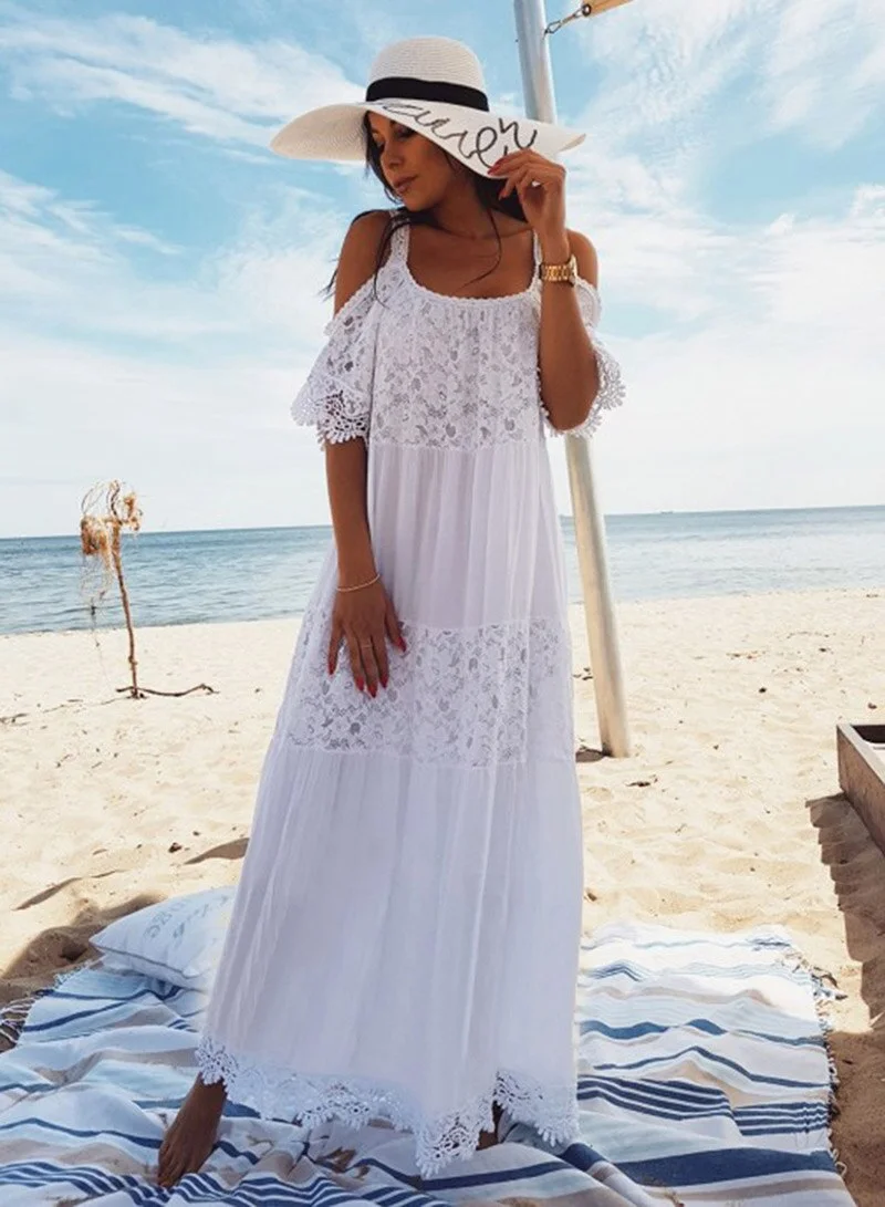 Fitshinling Bohemian Lace Patchwork Maxi Dresses Women Tunic Open Shoulder Sexy White Long Dress Holiday Strap Summer Pareos Hot