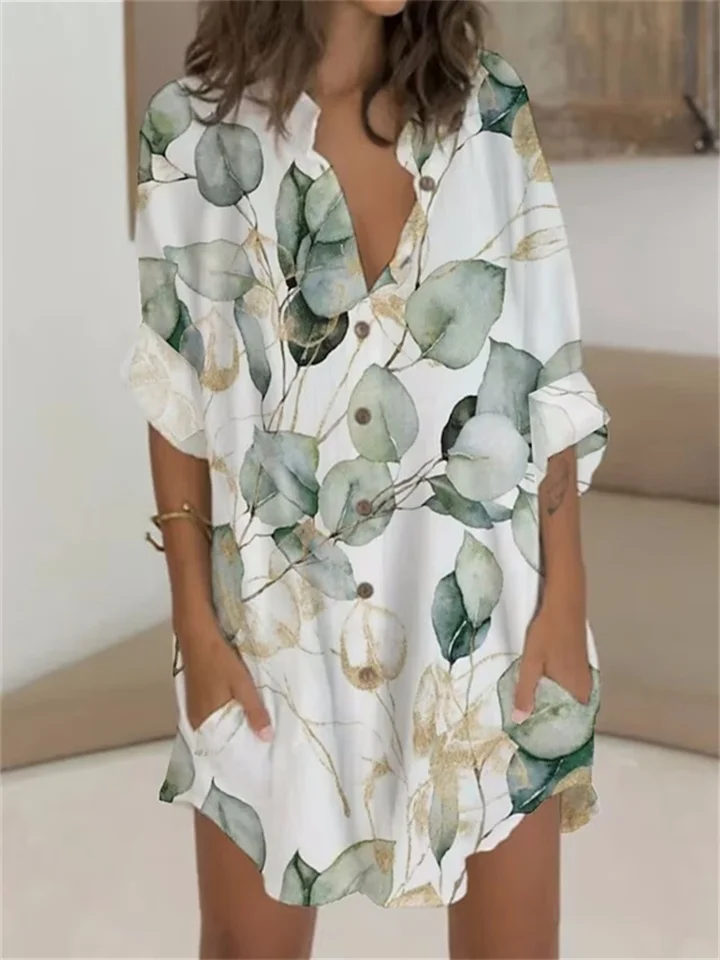 Summer New Loose Waist Loungewear Casual Plant Floral Print Button Standing Collar Long Sleeve Pocket Irregular Dress Dress Dress-Cosfine