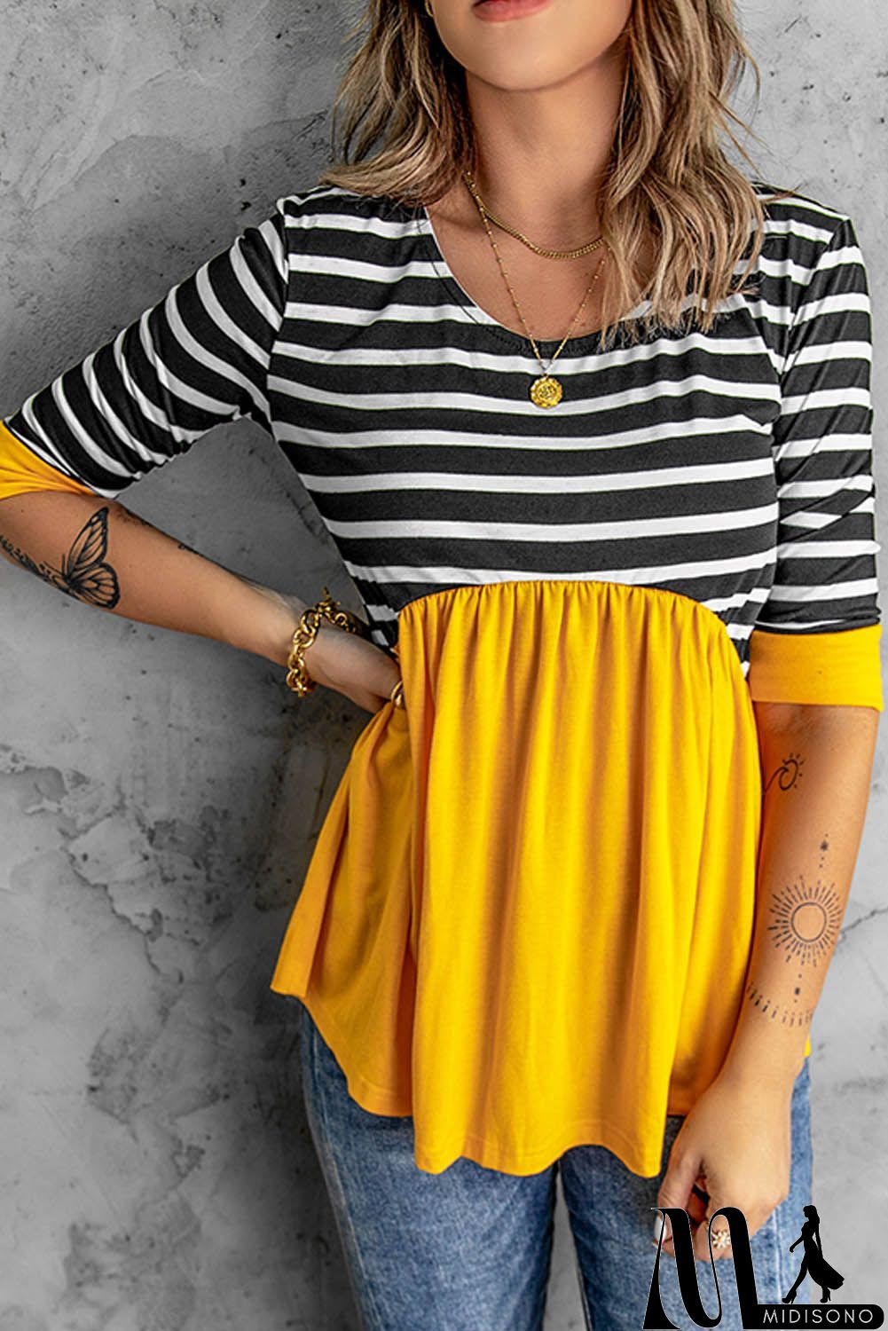 MidiSono - Striped Ruffled O-Neck Blouse