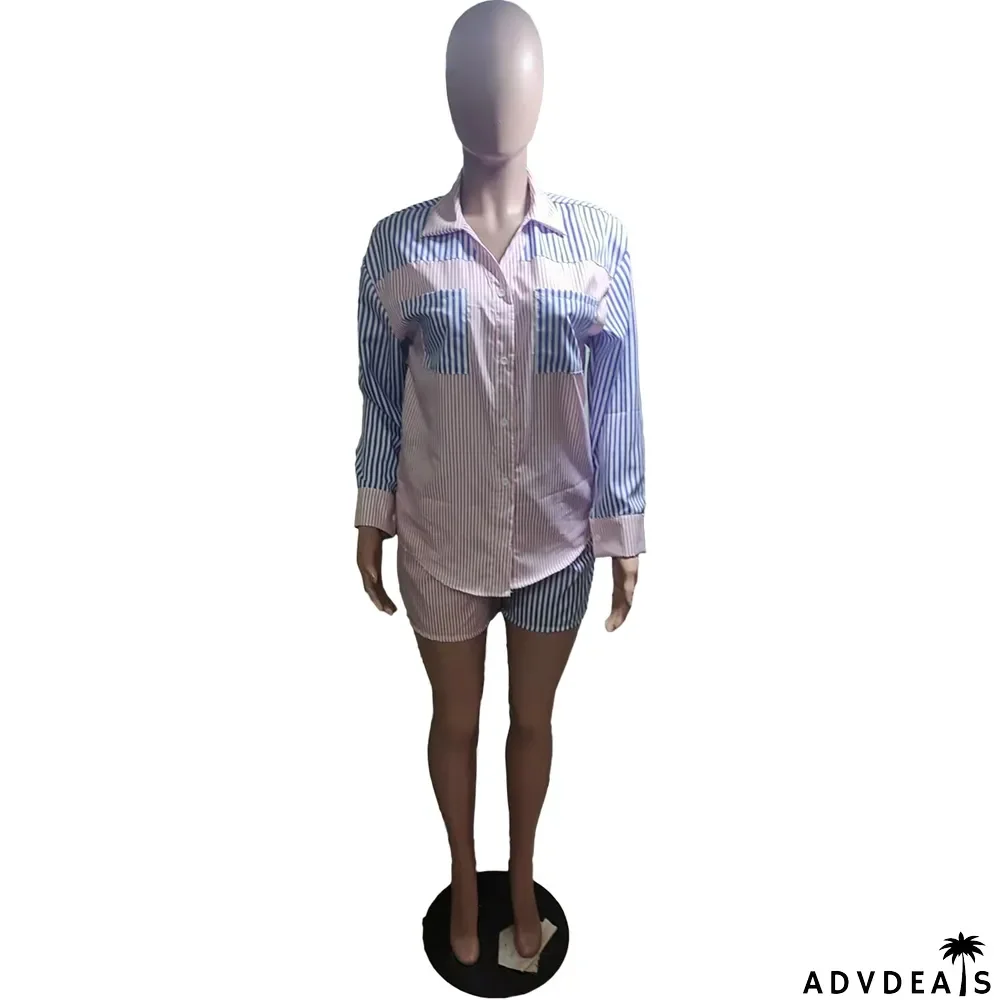 Women's nightclub fashion sexy button striped Chic career long-sleeve shirt Shorts Two Piece Set