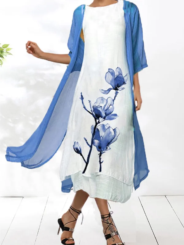 Midi Dress 3/4 Long Sleeve Floral Print Suit