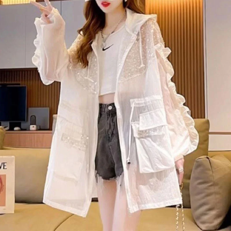 Mongw Clothing Sequined Pockets Shirt Casual Hooded Spring Summer Zipper Ruffles Spliced Korean Shirring Drawstring Midi Blouse