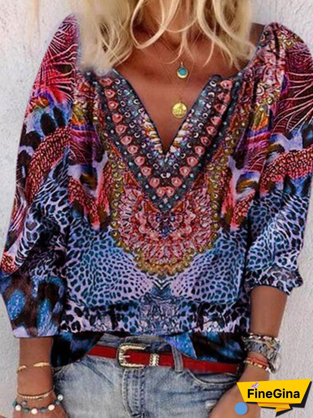 Vintage 3/4 Sleeve V Neck Geometric ;Leopard Floral Printed Plus Size Casual Tops