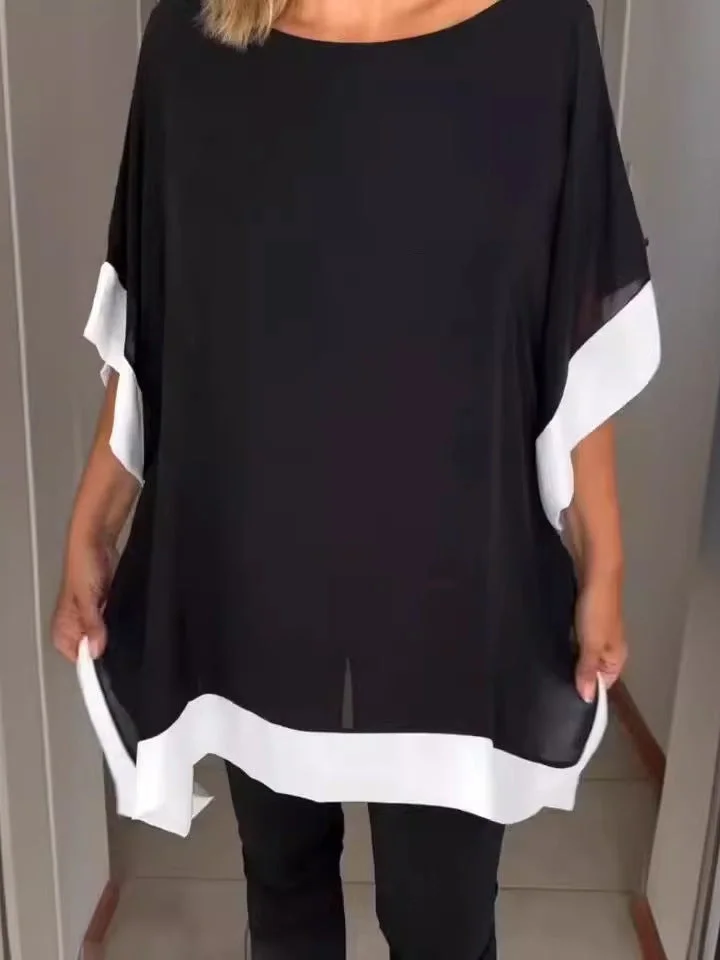 Style & Comfort for Mature Women Loose Batwing Sleeve Color Block T-Shirt