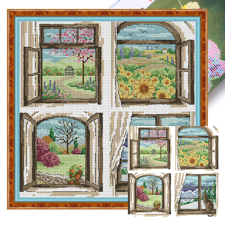 【Joy Sunday Brand】Four Seasons Outside the Window 30*30cm 14CT Stamped Canvas Cross Stitch gbfke