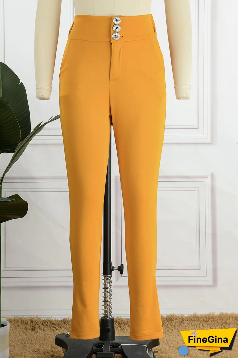 Black Casual Solid Buttons Regular High Waist Conventional Solid Color Trousers