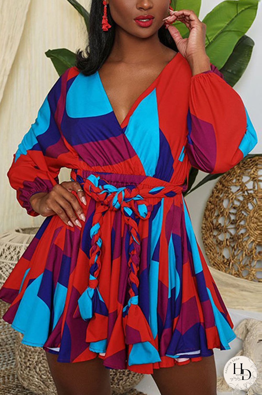 Yellow Sexy Print With Belt V Neck A Line Plus Size